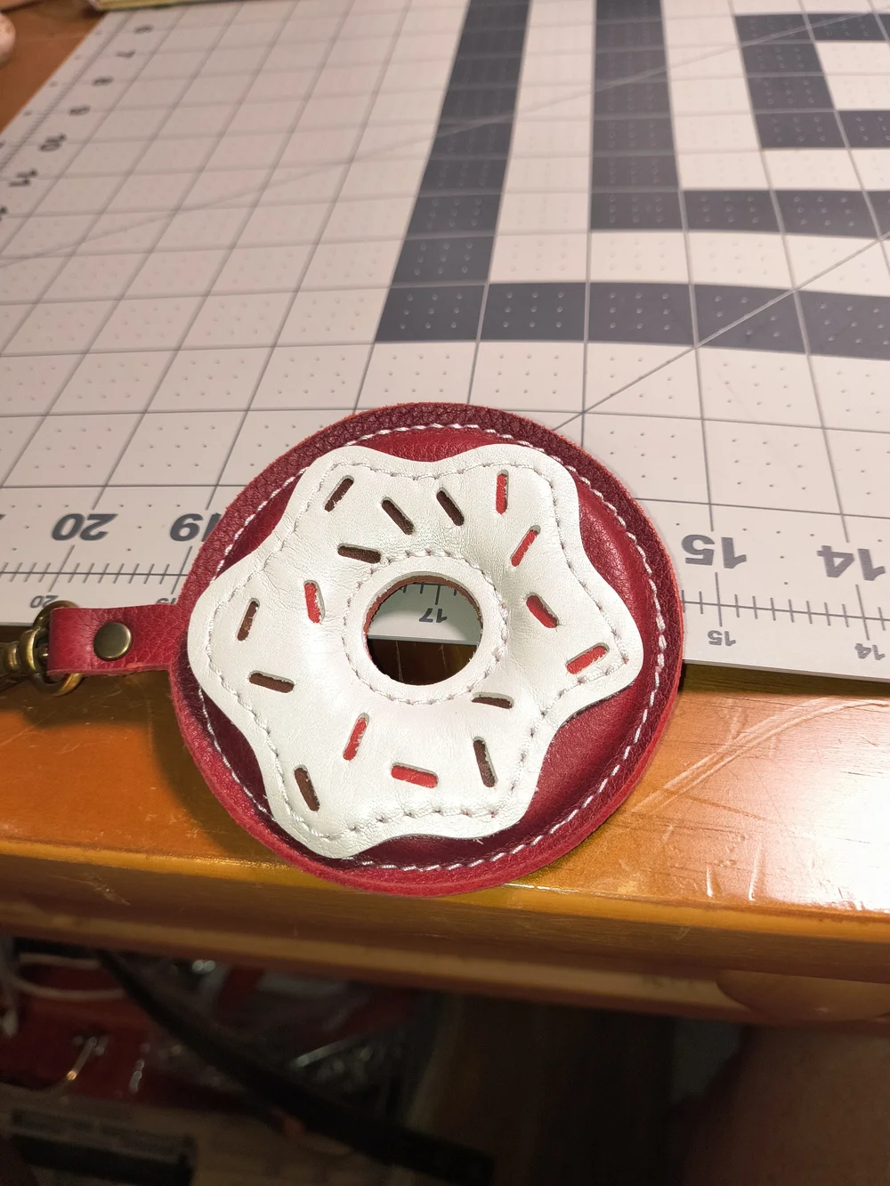Portland Leather Red and White Donut Keychain Charm